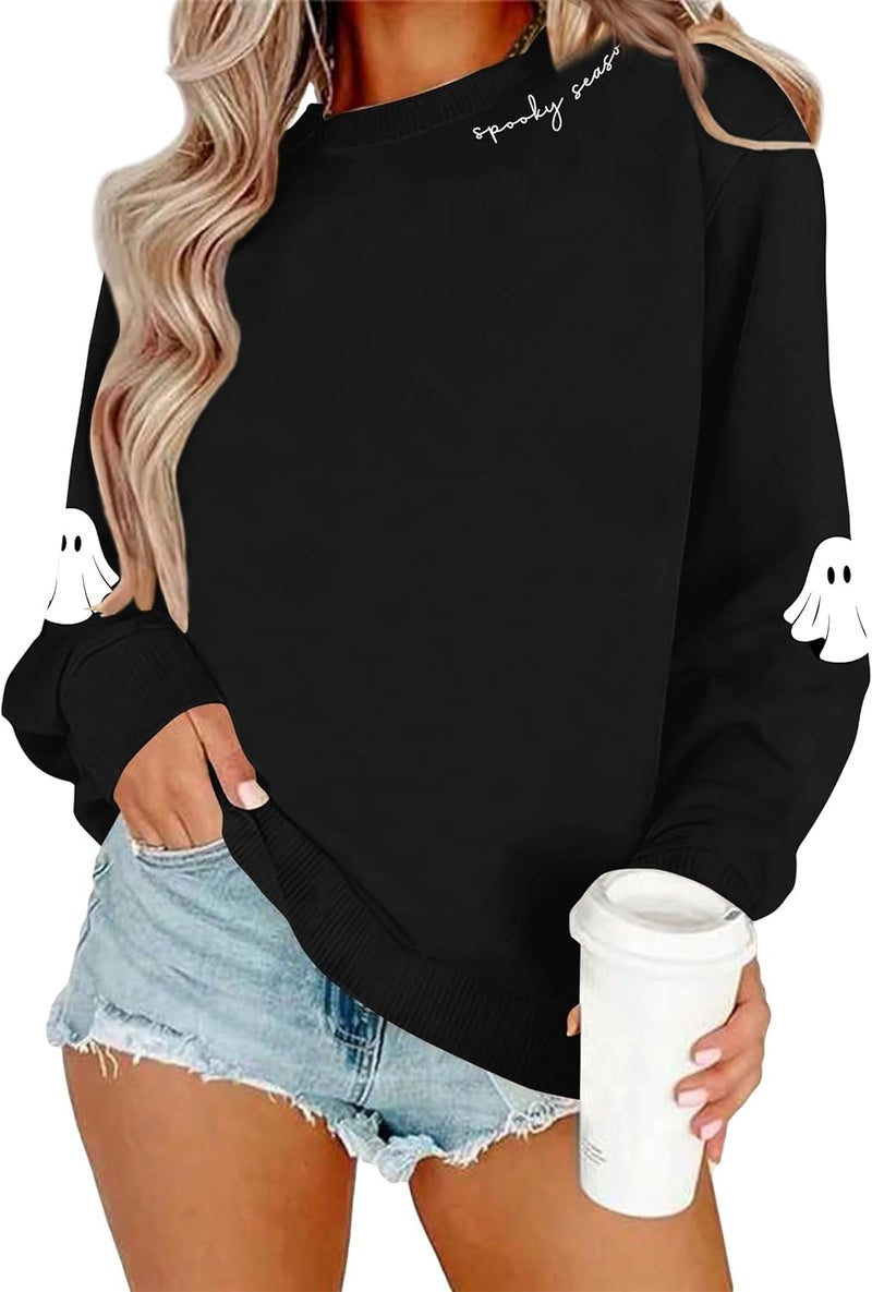 Holoholo Halloween Sweatshirts Women Spooky Season Shirt Funny Ghost Graphic Halloween Shirts Long Sleeve Pullover Tops Black - Image 4